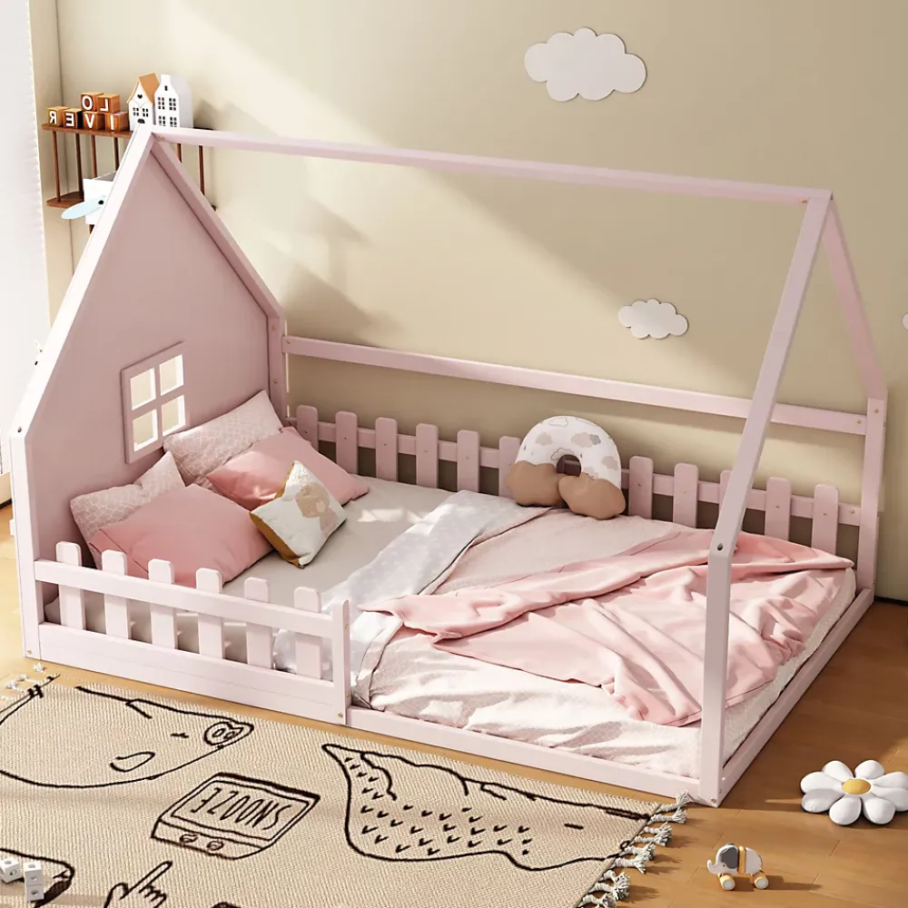 Redom Lit 140x200 cm en pin et MDF forme maisonnette avec garde-corps intégré, coloris rose, design enfant sécurisé*Enfant Lit Enfant