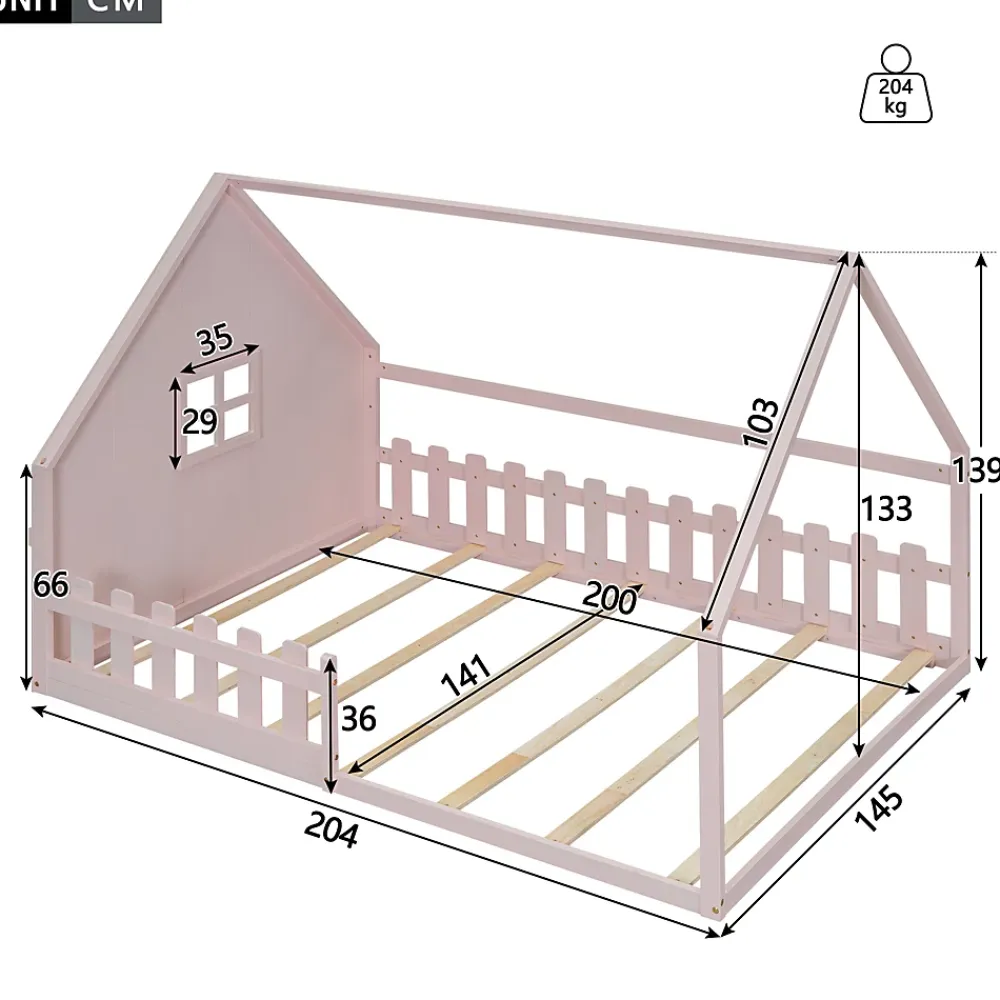 Redom Lit 140x200 cm en pin et MDF forme maisonnette avec garde-corps intégré, coloris rose, design enfant sécurisé*Enfant Lit Enfant