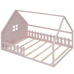 Redom Lit 140x200 cm en pin et MDF forme maisonnette avec garde-corps intégré, coloris rose, design enfant sécurisé*Enfant Lit Enfant