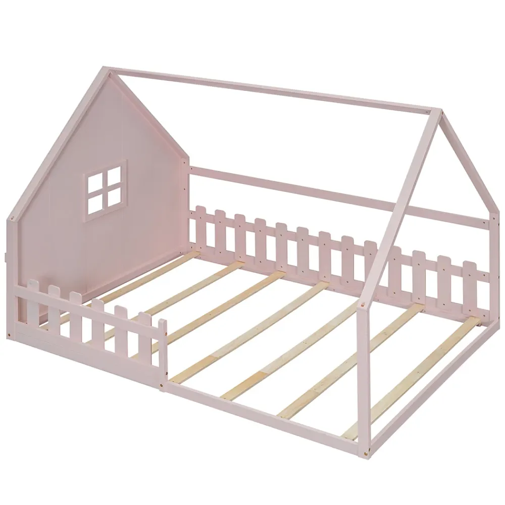 Redom Lit 140x200 cm en pin et MDF forme maisonnette avec garde-corps intégré, coloris rose, design enfant sécurisé*Enfant Lit Enfant