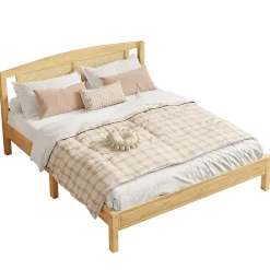 Lit 160x200 cm en pin et rotin PE avec tête de lit décorative, design naturel, 15 lattes et pieds centraux>Redom Best