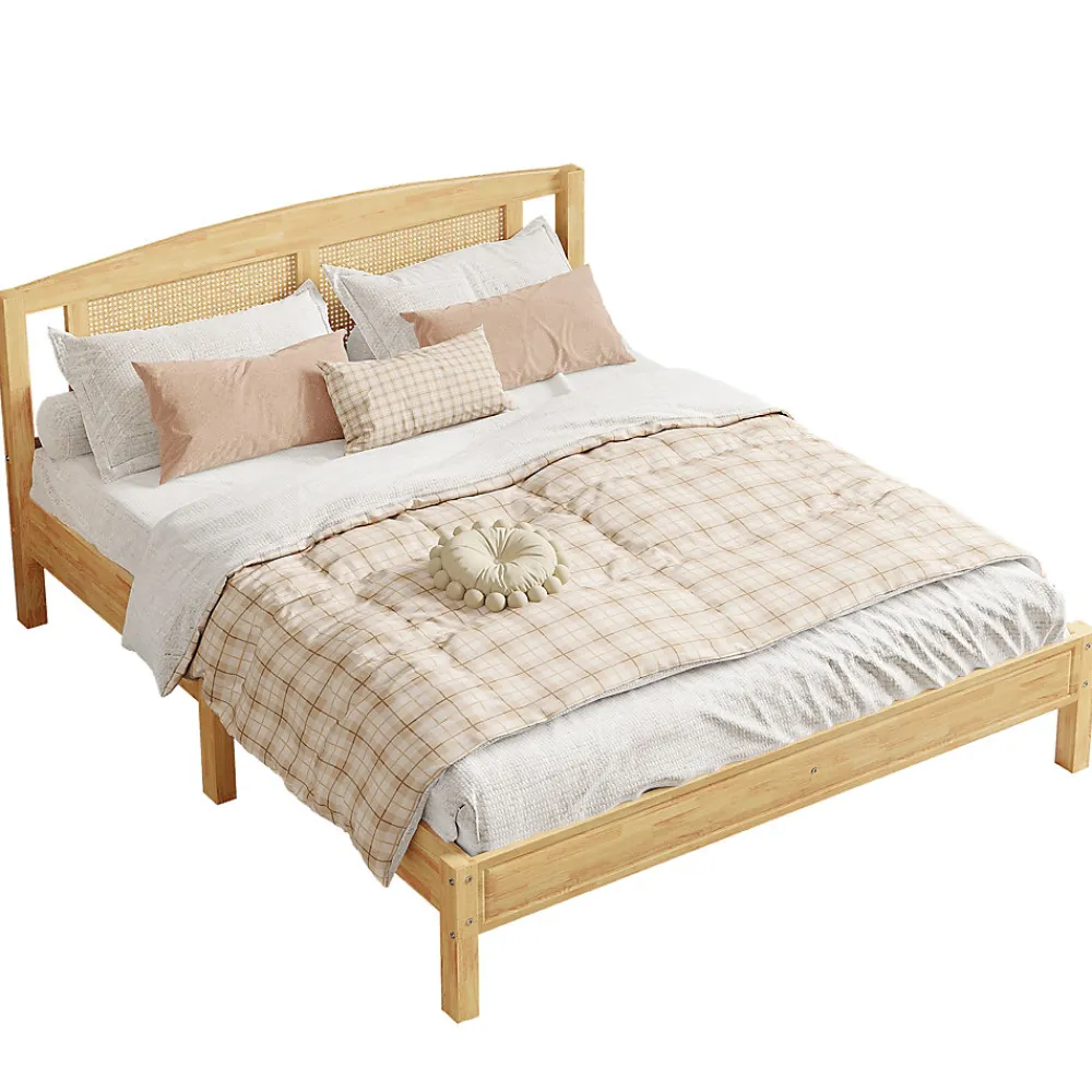 Lit 160x200 cm en pin et rotin PE avec tête de lit décorative, design naturel, 15 lattes et pieds centraux>Redom Best