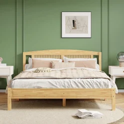Lit 160x200 cm en pin et rotin PE avec tête de lit décorative, design naturel, 15 lattes et pieds centraux>Redom Best