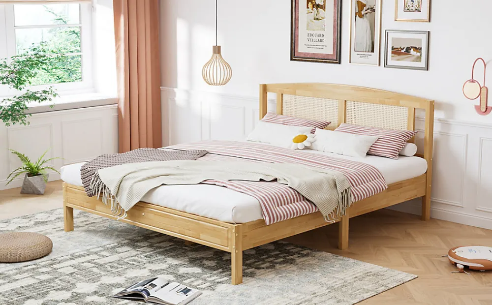 Lit 160x200 cm en pin et rotin PE avec tête de lit décorative, design naturel, 15 lattes et pieds centraux>Redom Best