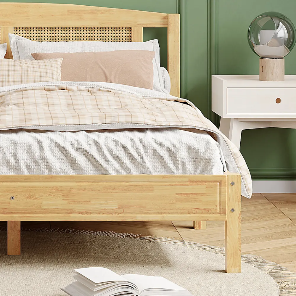 Lit 160x200 cm en pin et rotin PE avec tête de lit décorative, design naturel, 15 lattes et pieds centraux>Redom Best