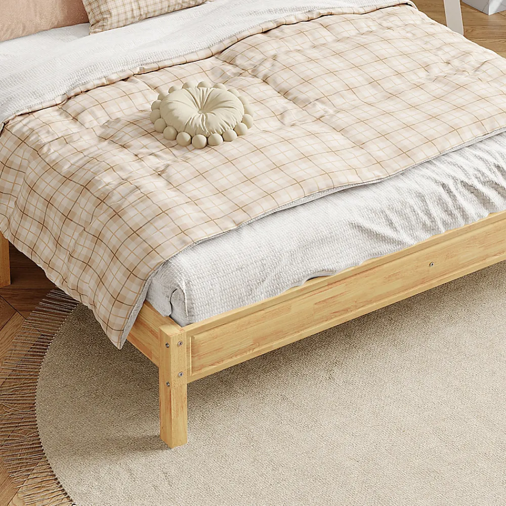 Lit 160x200 cm en pin et rotin PE avec tête de lit décorative, design naturel, 15 lattes et pieds centraux>Redom Best