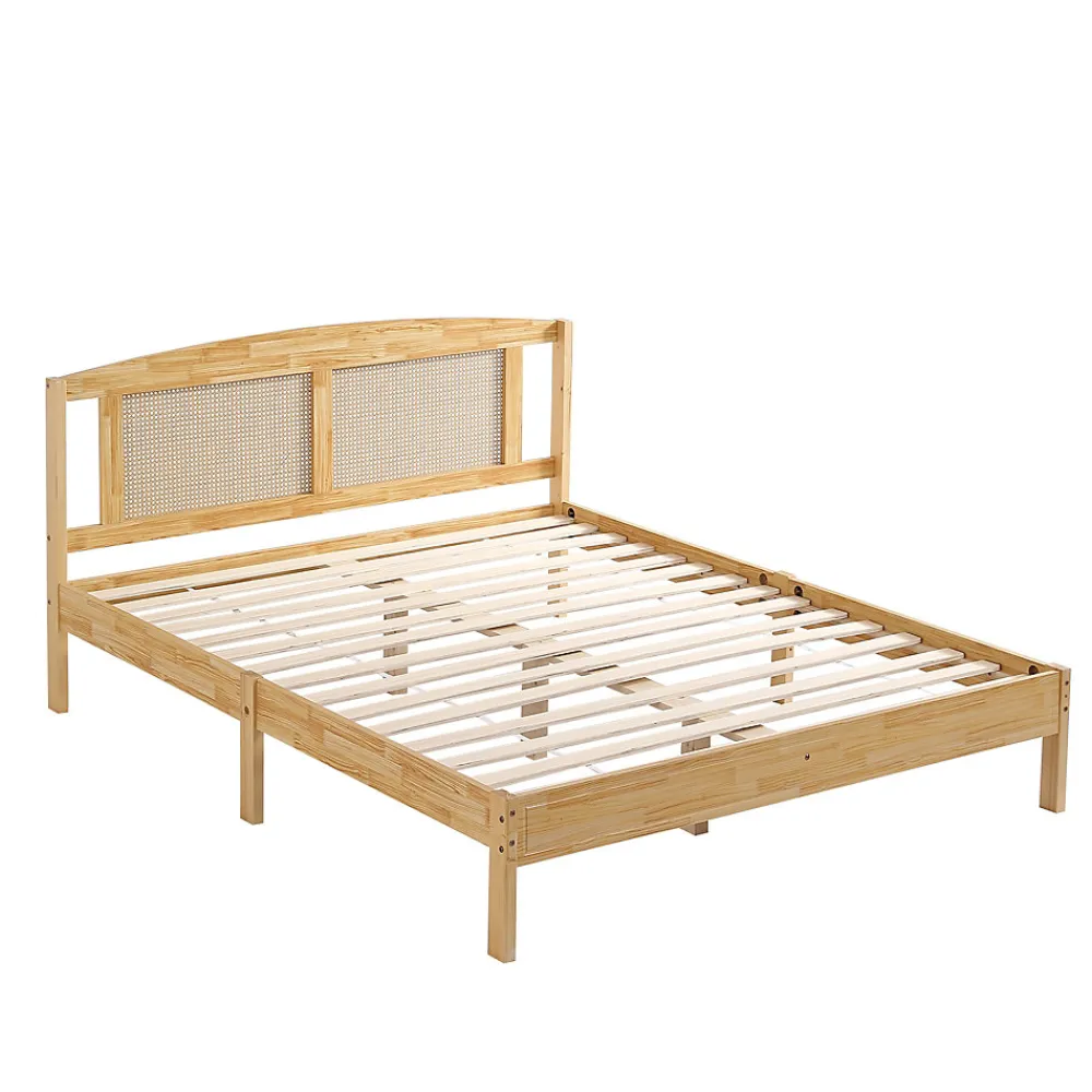 Lit 160x200 cm en pin et rotin PE avec tête de lit décorative, design naturel, 15 lattes et pieds centraux>Redom Best