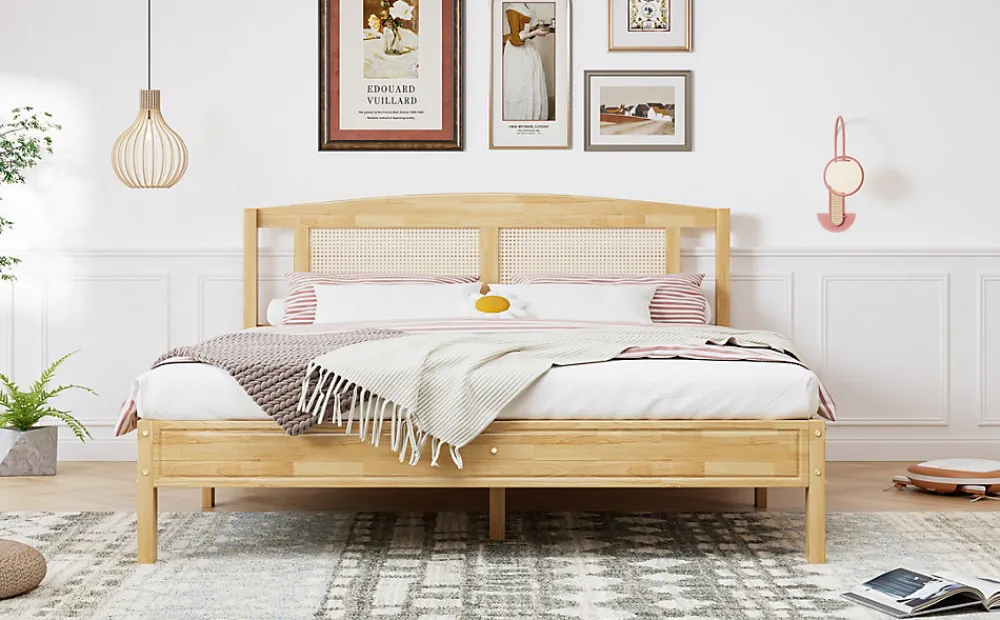 Lit 160x200 cm en pin et rotin PE avec tête de lit décorative, design naturel, 15 lattes et pieds centraux>Redom Best