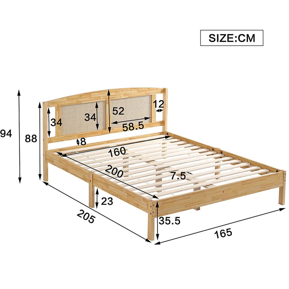 Lit 160x200 cm en pin et rotin PE avec tête de lit décorative, design naturel, 15 lattes et pieds centraux>Redom Best