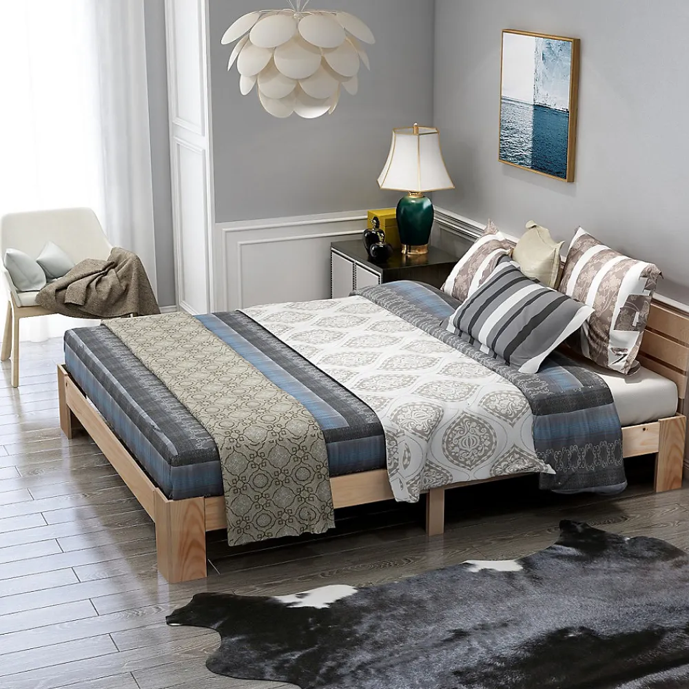 Lit 140x200 cm en pin massif avec rangement sous le lit 18 cm et tête de lit, sommier à lattes>Redom Sale