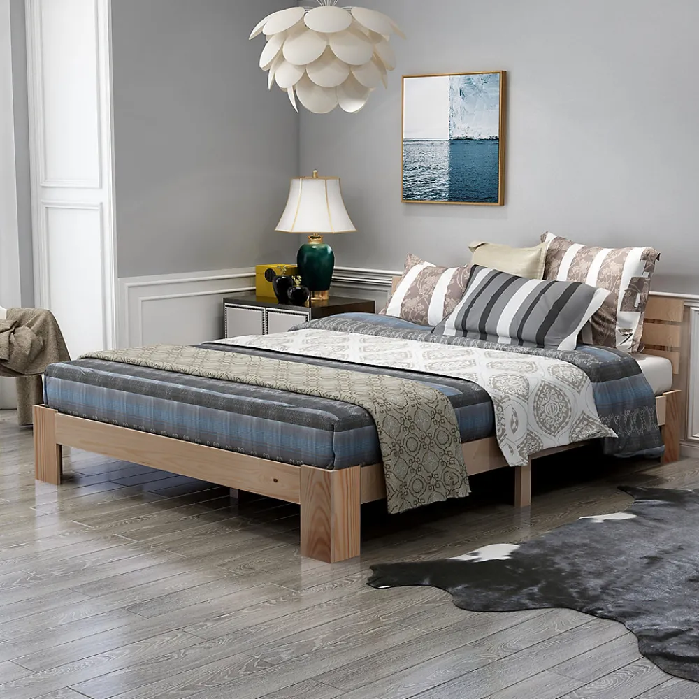 Lit 140x200 cm en pin massif avec rangement sous le lit 18 cm et tête de lit, sommier à lattes>Redom Sale