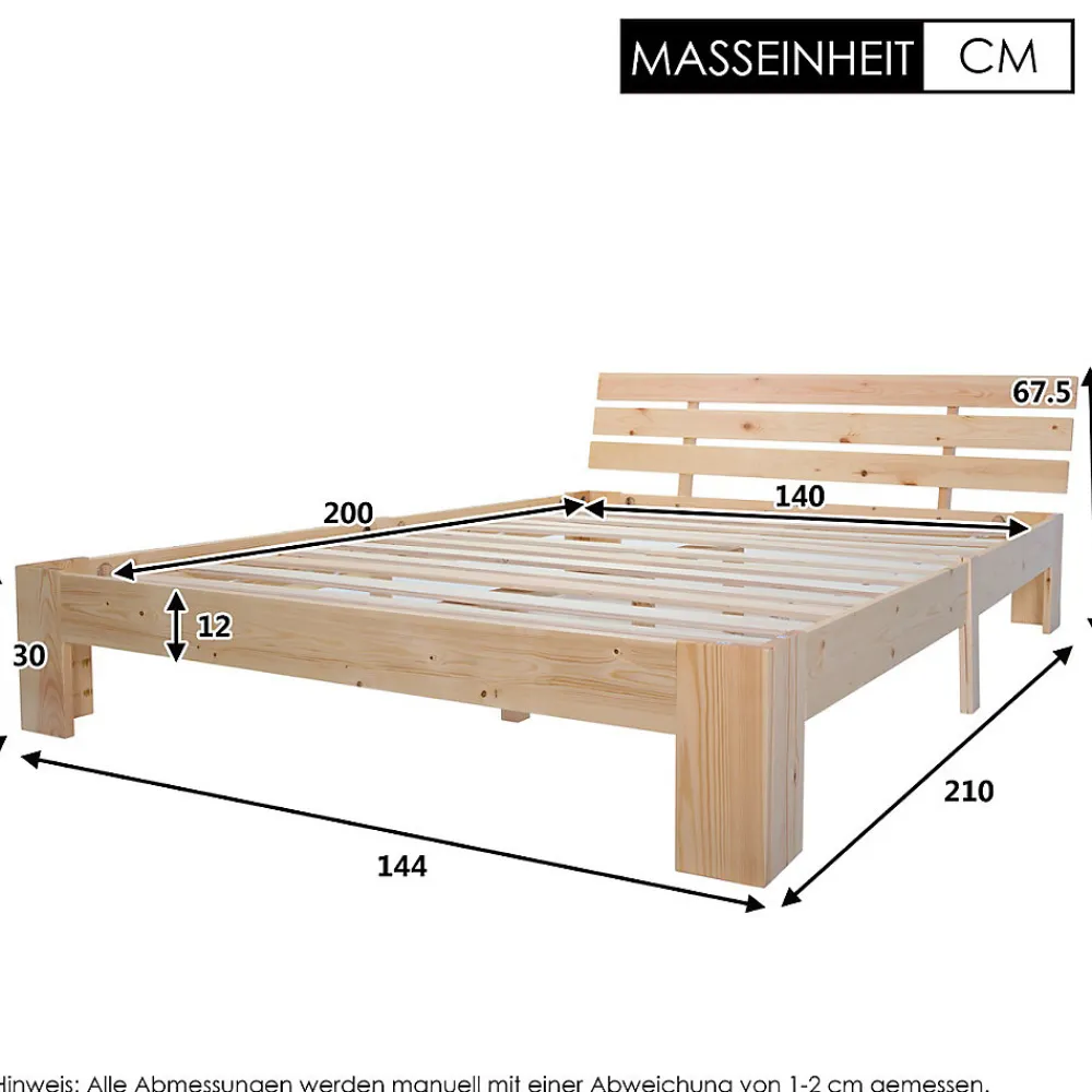 Lit 140x200 cm en pin massif avec rangement sous le lit 18 cm et tête de lit, sommier à lattes>Redom Sale