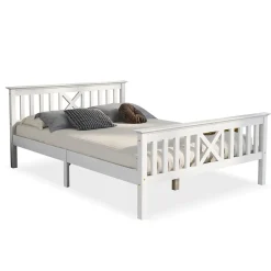 Lit 140x200 cm en pin massif blanc avec 4 tiroirs de rangement et tête de lit en X, design fonctionnel>Redom Outlet