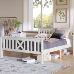 Lit 140x200 cm en pin massif blanc avec 4 tiroirs de rangement et tête de lit en X, design fonctionnel><noscript><img width=