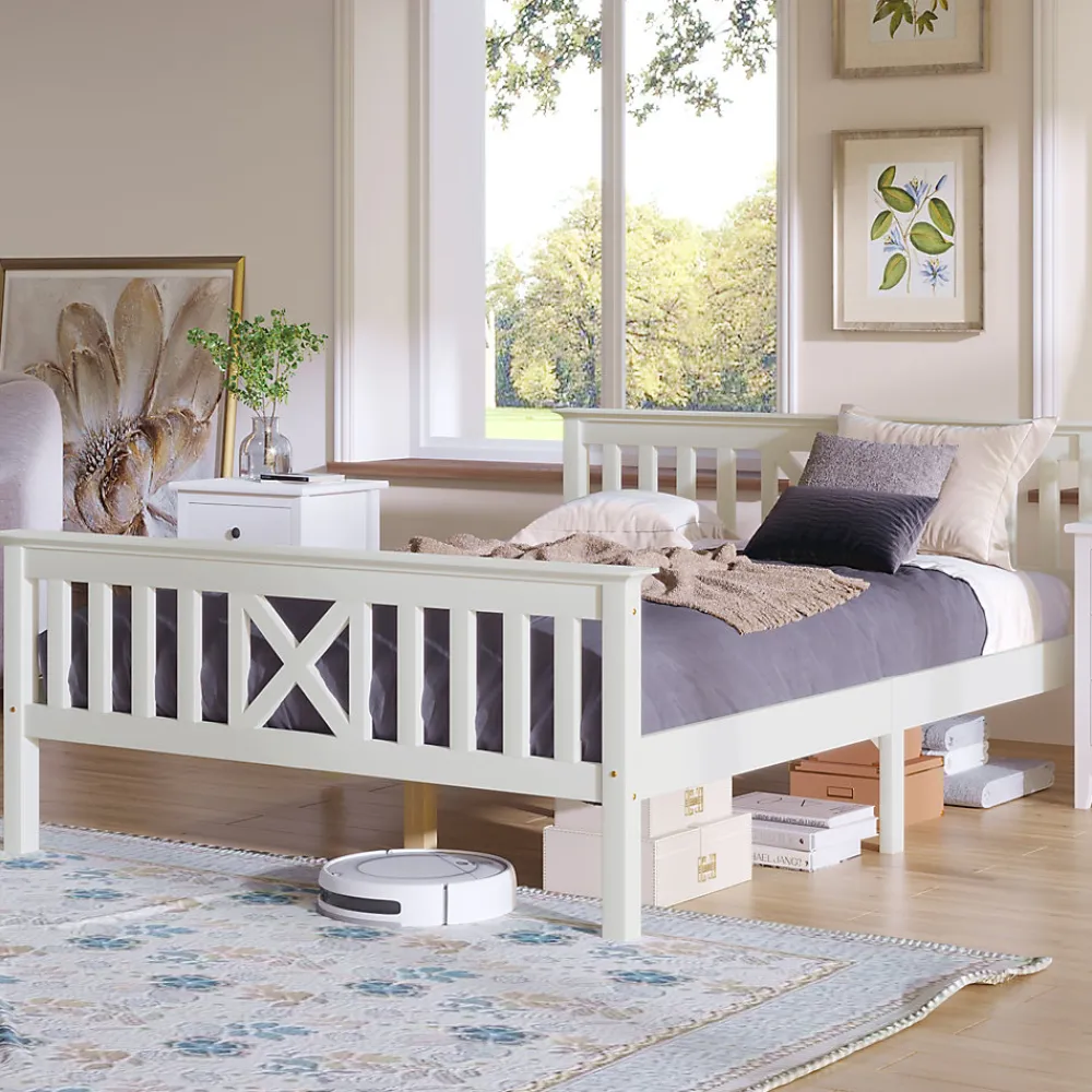 Lit 140x200 cm en pin massif blanc avec 4 tiroirs de rangement et tête de lit en X, design fonctionnel>Redom Outlet