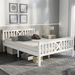 Lit 140x200 cm en pin massif blanc avec 4 tiroirs de rangement et tête de lit en X, design fonctionnel><noscript><img width=