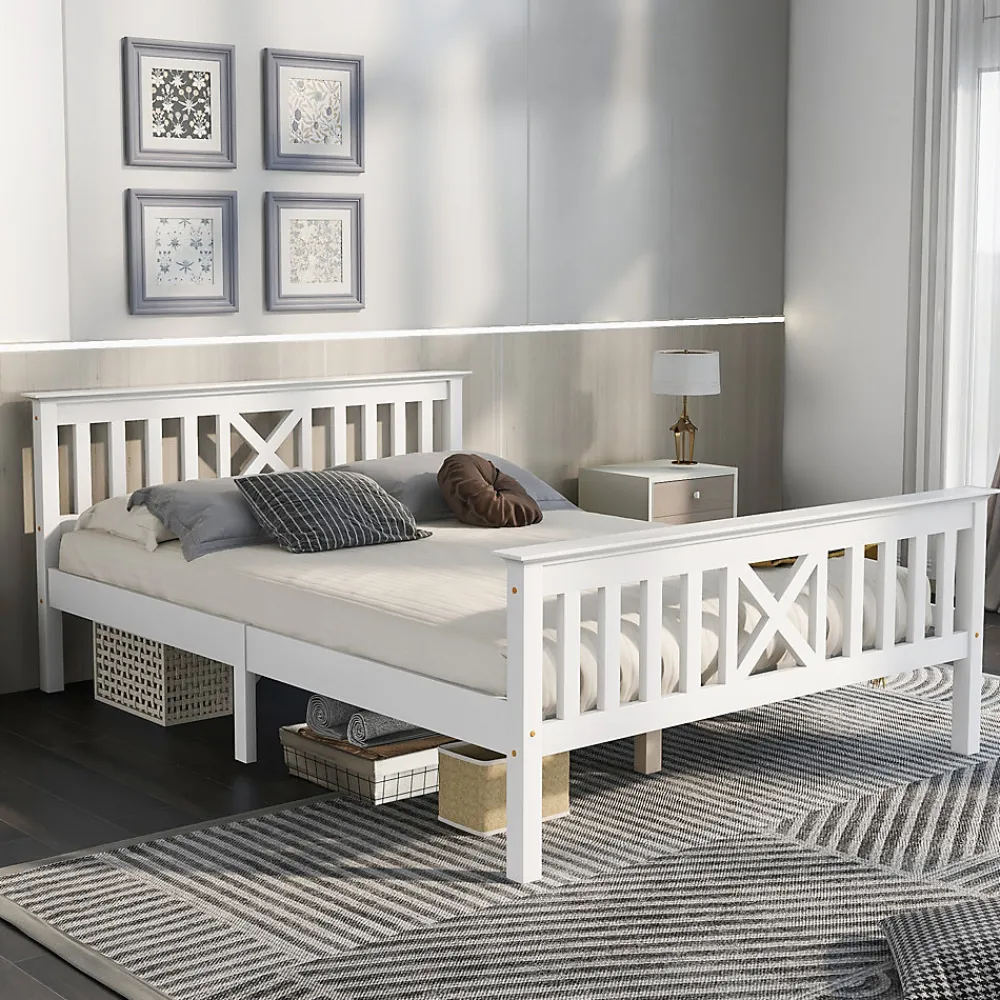 Lit 140x200 cm en pin massif blanc avec 4 tiroirs de rangement et tête de lit en X, design fonctionnel>Redom Outlet