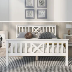 Lit 140x200 cm en pin massif blanc avec 4 tiroirs de rangement et tête de lit en X, design fonctionnel><noscript><img width=