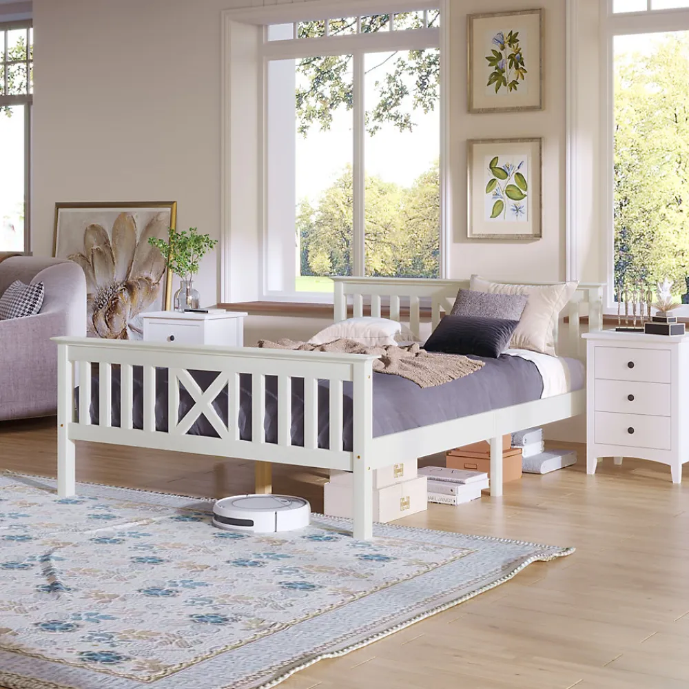 Lit 140x200 cm en pin massif blanc avec 4 tiroirs de rangement et tête de lit en X, design fonctionnel>Redom Outlet