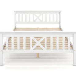 Lit 140x200 cm en pin massif blanc avec 4 tiroirs de rangement et tête de lit en X, design fonctionnel><noscript><img width=