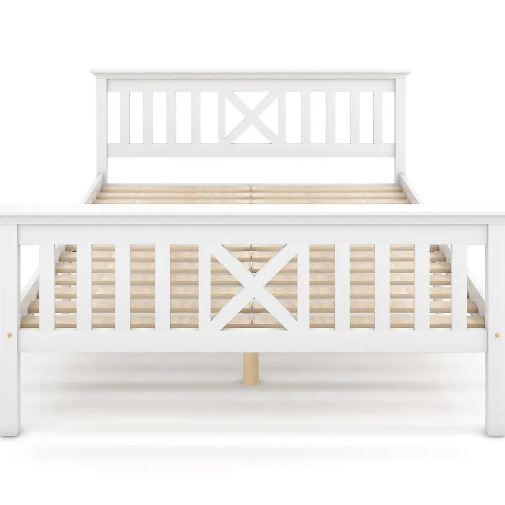Lit 140x200 cm en pin massif blanc avec 4 tiroirs de rangement et tête de lit en X, design fonctionnel>Redom Outlet