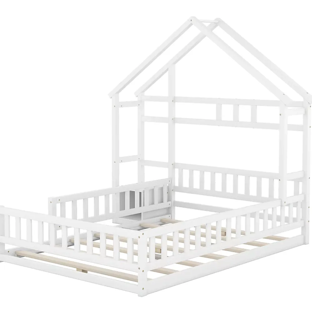 Redom Lit 140x200 cm en pin massif blanc avec tête de lit en forme de maison et table de chevet intégrée*Enfant Lit Enfant