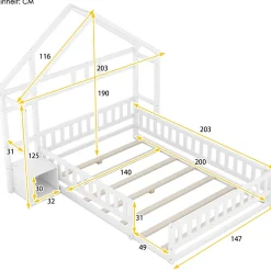 Redom Lit 140x200 cm en pin massif blanc avec tête de lit en forme de maison et table de chevet intégrée*Enfant Lit Enfant