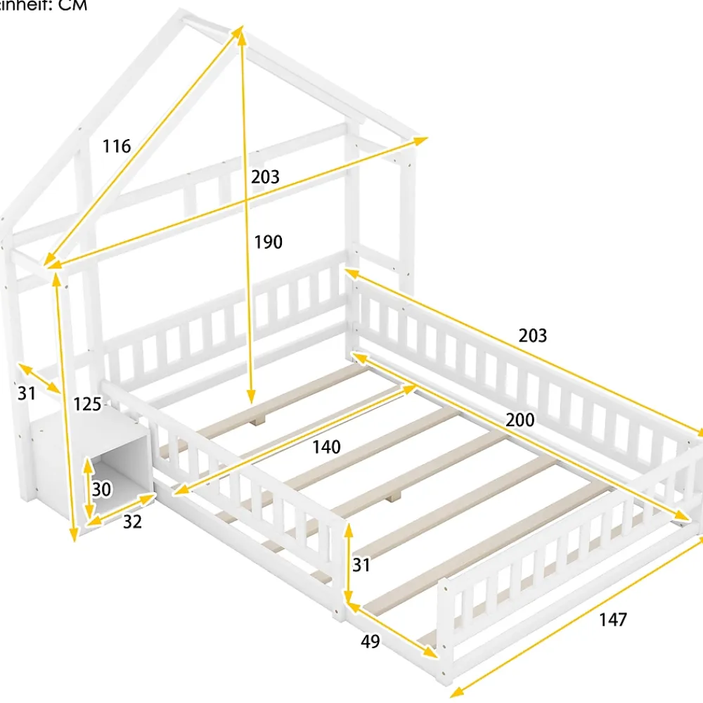 Redom Lit 140x200 cm en pin massif blanc avec tête de lit en forme de maison et table de chevet intégrée*Enfant Lit Enfant