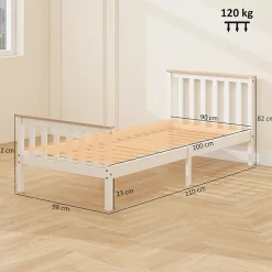 Lit 90x200 cm en pin massif blanc avec rangement sous le sommier, design naturel et silencieux><noscript><img width=