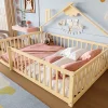 Redom Lit 140x190 cm en pin naturel avec balustrade 32 cm et serrure, style maisonnette pour enfant*Enfant Lit Enfant