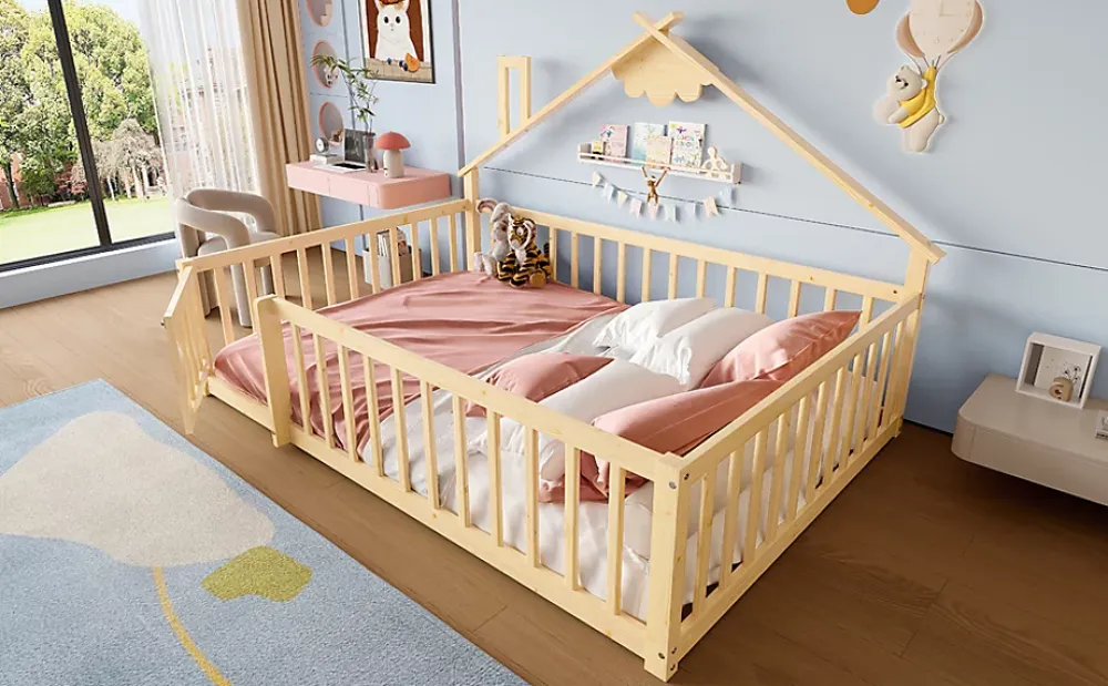 Redom Lit 140x190 cm en pin naturel avec balustrade 32 cm et serrure, style maisonnette pour enfant*Enfant Lit Enfant
