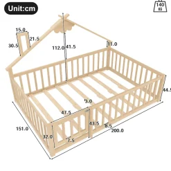 Redom Lit 140x190 cm en pin naturel avec balustrade 32 cm et serrure, style maisonnette pour enfant*Enfant Lit Enfant