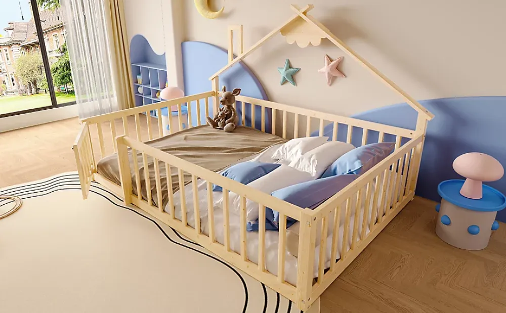 Redom Lit 140x190 cm en pin naturel avec balustrade 32 cm et serrure, style maisonnette pour enfant*Enfant Lit Enfant