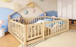 Redom Lit 140x190 cm en pin naturel avec balustrade 32 cm et serrure, style maisonnette pour enfant*Enfant Lit Enfant