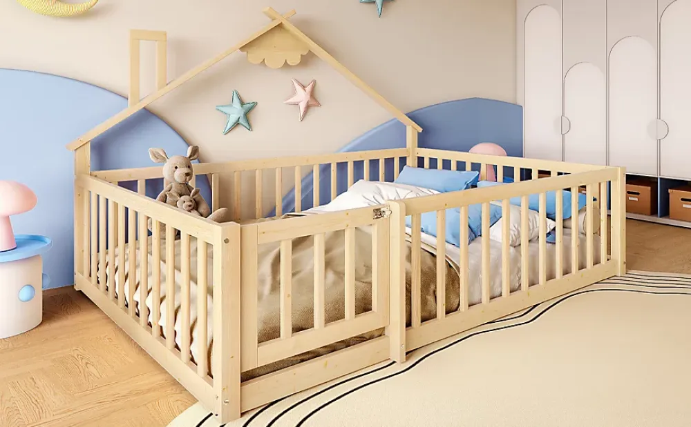 Redom Lit 140x190 cm en pin naturel avec balustrade 32 cm et serrure, style maisonnette pour enfant*Enfant Lit Enfant