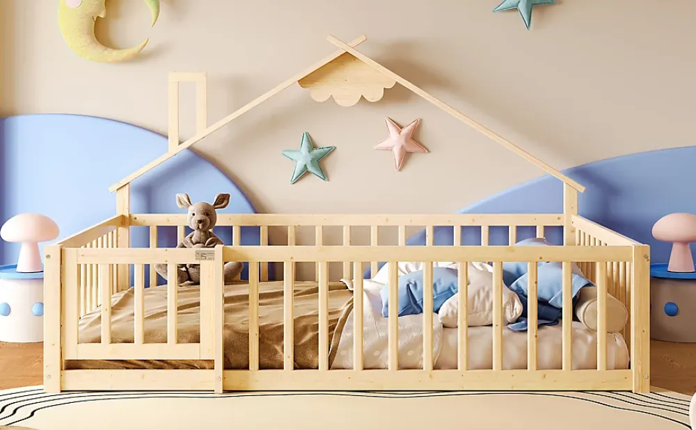 Redom Lit 140x190 cm en pin naturel avec balustrade 32 cm et serrure, style maisonnette pour enfant*Enfant Lit Enfant