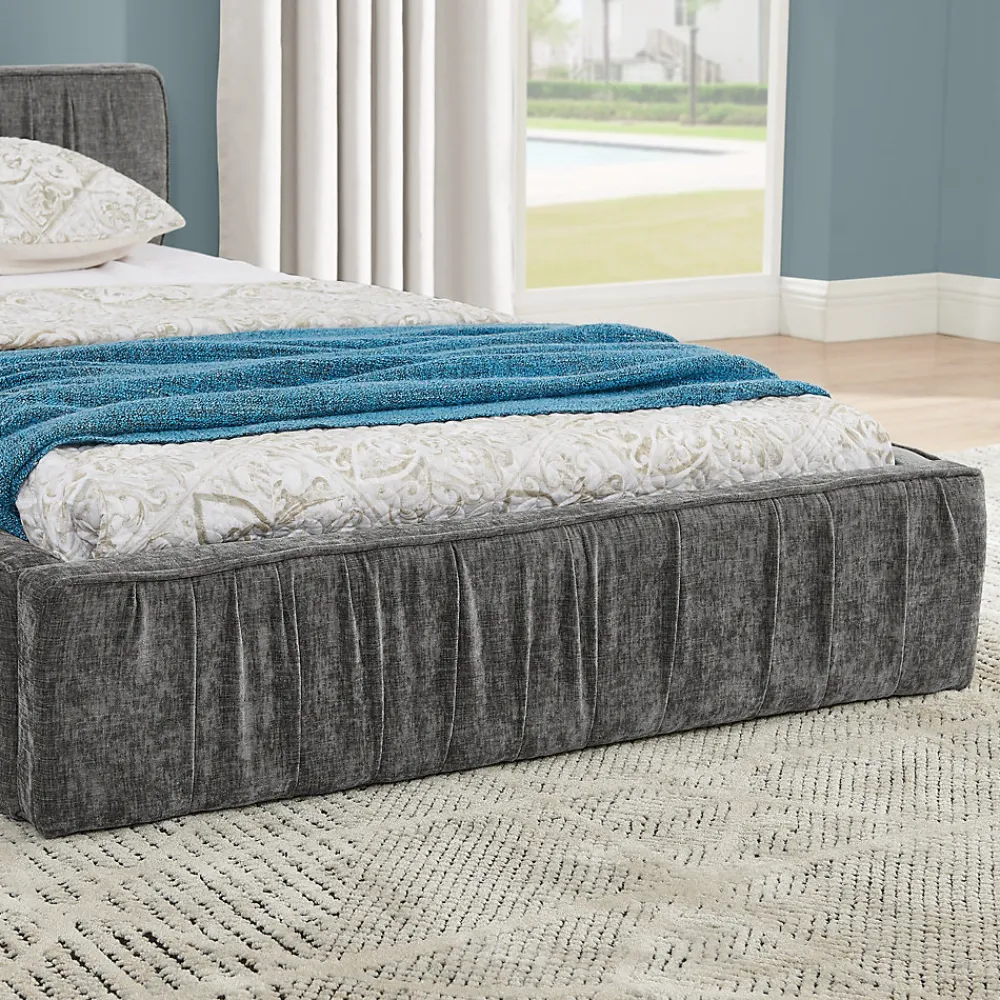 Redom Lit 90x200 cm en tissu chenille Dark Gray, plis décoratifs, bois d'eucalyptus et cadre métal stable* Lit Simple