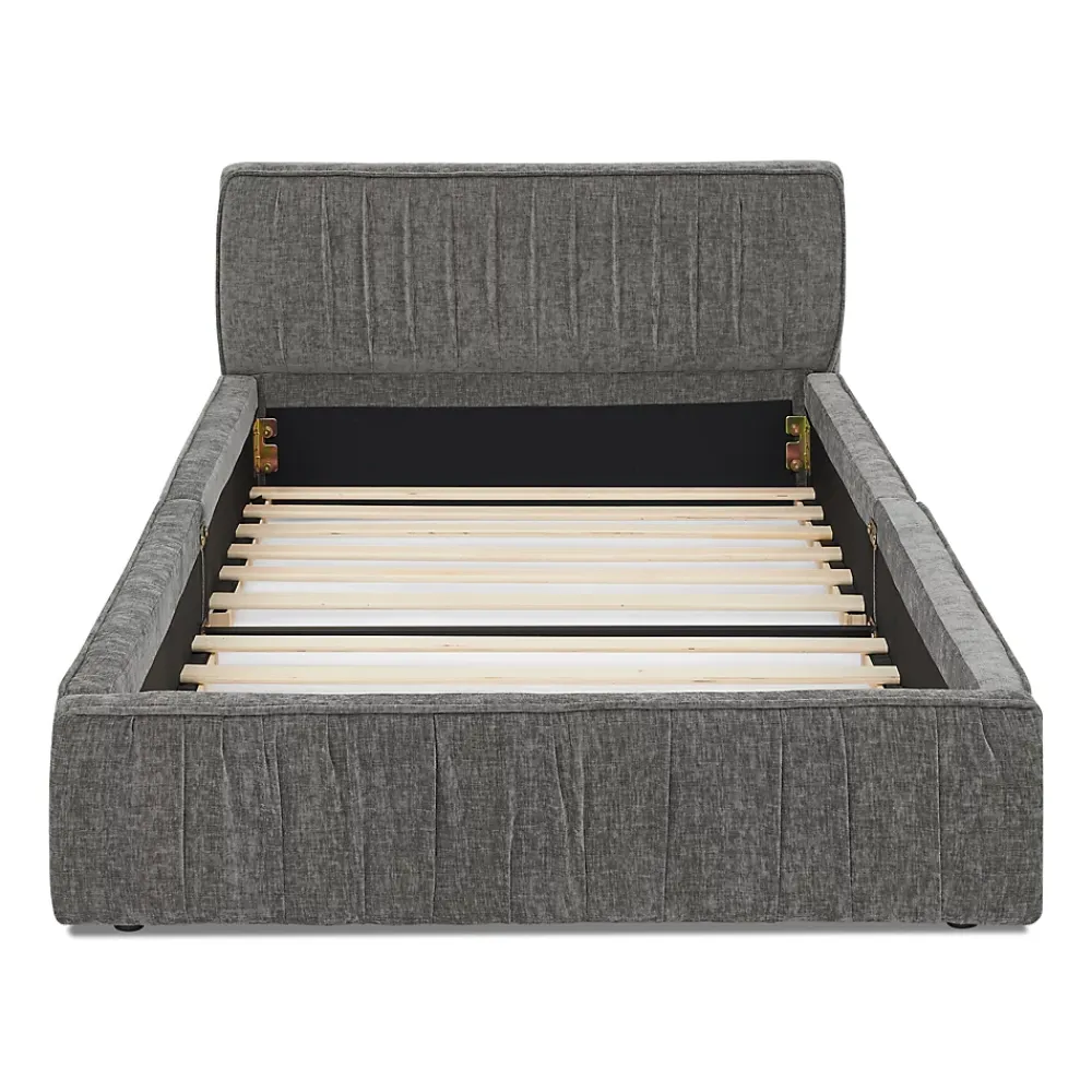 Redom Lit 90x200 cm en tissu chenille Dark Gray, plis décoratifs, bois d'eucalyptus et cadre métal stable* Lit Simple