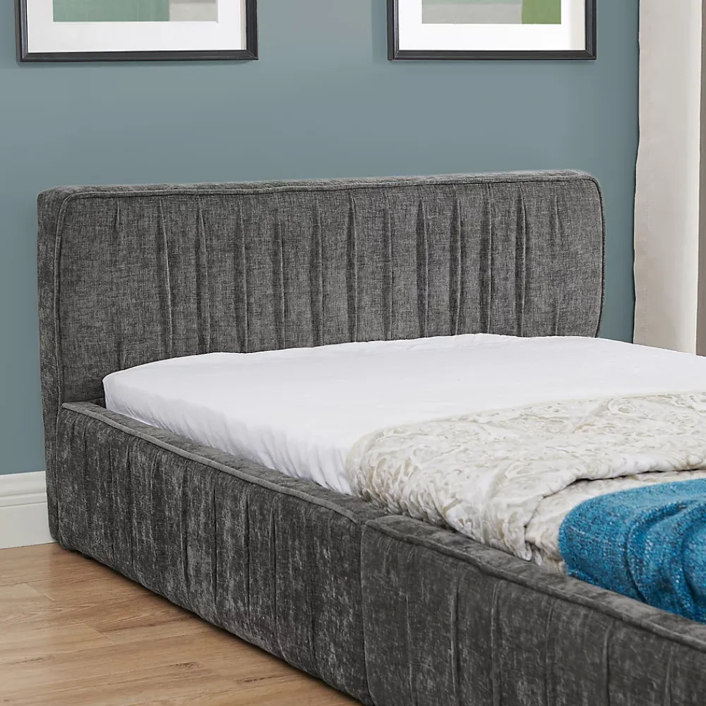 Redom Lit 90x200 cm en tissu chenille Dark Gray, plis décoratifs, bois d'eucalyptus et cadre métal stable* Lit Simple