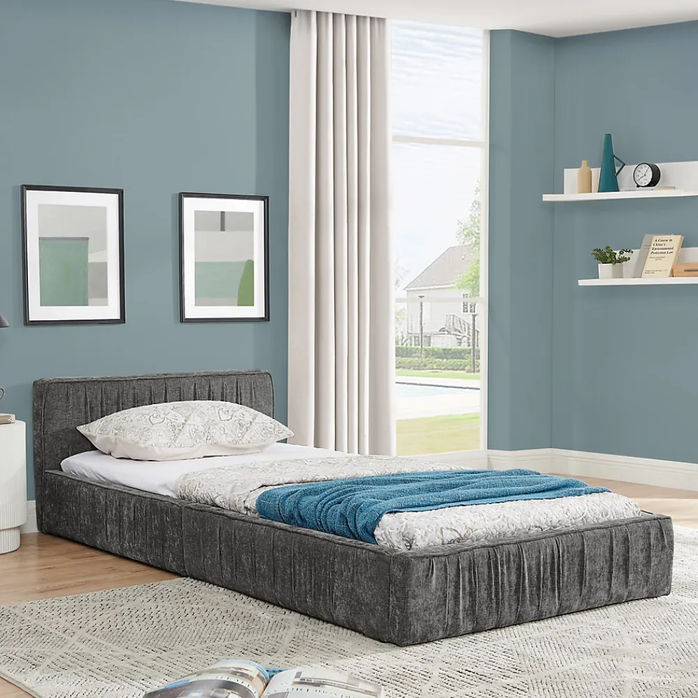 Redom Lit 90x200 cm en tissu chenille Dark Gray, plis décoratifs, bois d'eucalyptus et cadre métal stable* Lit Simple