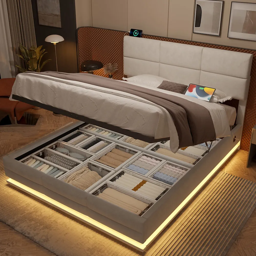Lit 180x200 cm en velours beige avec tête de lit réglable, éclairage LED dimmable et grand rangement>Redom Online