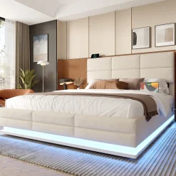 Lit 180x200 cm en velours beige avec tête de lit réglable, éclairage LED dimmable et grand rangement><noscript><img width=
