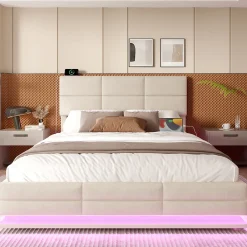 Lit 180x200 cm en velours beige avec tête de lit réglable, éclairage LED dimmable et grand rangement><noscript><img width=