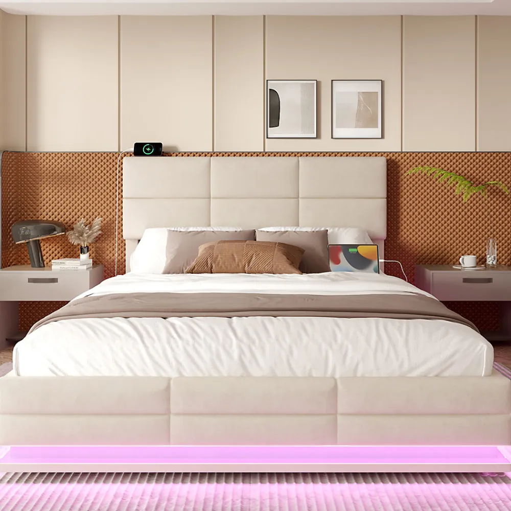 Lit 180x200 cm en velours beige avec tête de lit réglable, éclairage LED dimmable et grand rangement>Redom Online