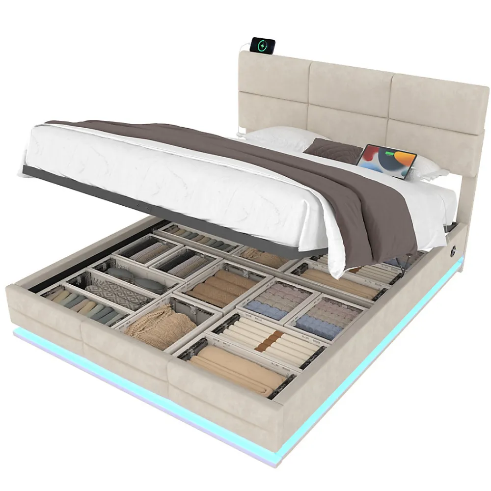 Lit 180x200 cm en velours beige avec tête de lit réglable, éclairage LED dimmable et grand rangement>Redom Online