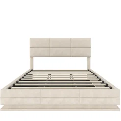 Lit 180x200 cm en velours beige avec tête de lit réglable, éclairage LED dimmable et grand rangement><noscript><img width=