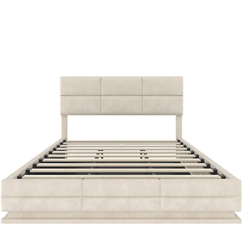 Lit 180x200 cm en velours beige avec tête de lit réglable, éclairage LED dimmable et grand rangement>Redom Online