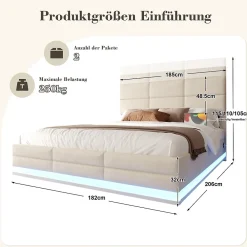 Lit 180x200 cm en velours beige avec tête de lit réglable, éclairage LED dimmable et grand rangement><noscript><img width=