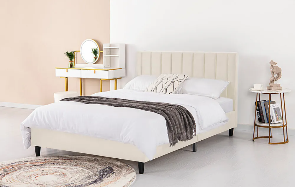 Lit 140x190 cm en velours beige - CAMBRIDGE>Concept Usine Outlet