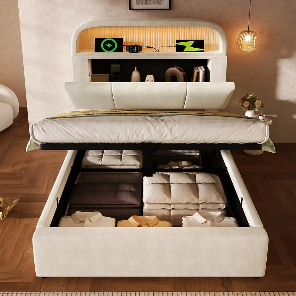 Redom Lit 90x200 cm en velours beige avec tête de lit réglable et rangement hydropneumatique au design contemporain* Lit Avec Rangement